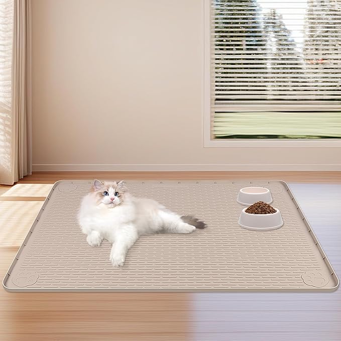 Bartuke Dog Food Mat, Extra Large 40" x 28" Silicone Pet Feeding Mat for Small, Medium, and Large Pets Non-Slip, Easy to Clean, Khaki