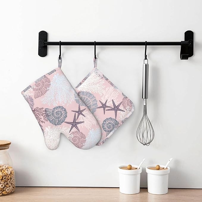 Nautical Coastal Oven Mitts and Pot Holders Set, 4pcs Silicone Starfish Seashell Coral Beach Themed Oven Glove for Kitchen Heat Resistant Oven Mitts and Non-Slip Potholders Pink