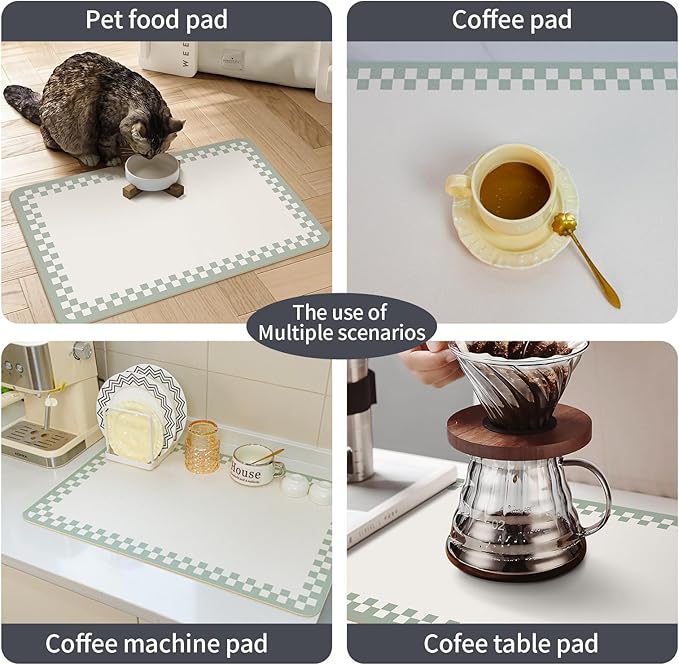 2PCS Non-slip Dish Drying Mats Black Sage Beige Checkered Coffee Bar Mat for Countertops 24''x16'',Sage White