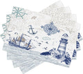Nautical Placemats, Simple Hand Painted Blue Ocean Sailboat Map Lighthouse Compass Print Washable Fabric Placemats Table Kitchen Dining Party 12x18 Inch Set of 4