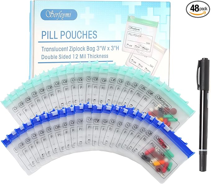 Serfeymi 48 Pcs Pill Pouch Bags for Travel Reusable Plastic Bags 3x3 Inch 12 mil (Double Sided) Translucent Zippered Pill Pouches for Medicine with Slide Lock & Writable Label, 1 Pc Marker-Green+Blue