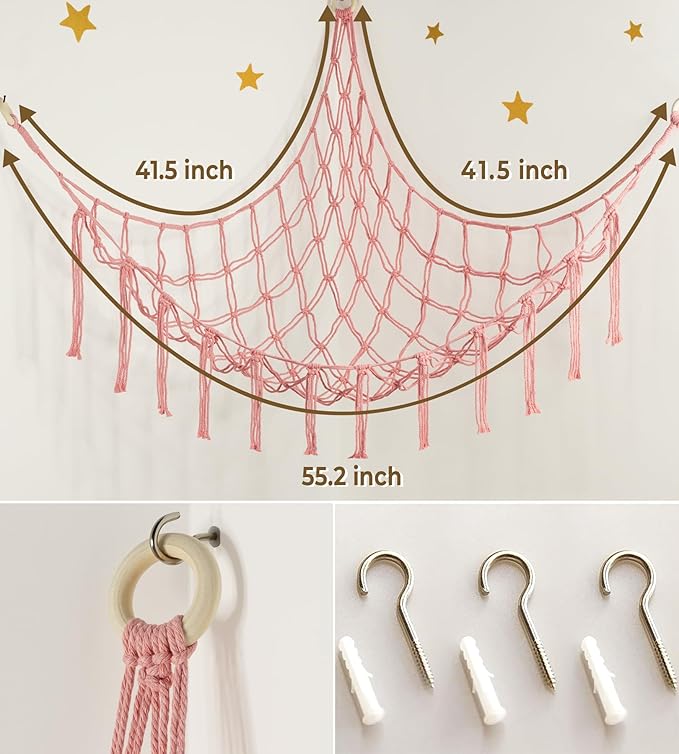 Stuffed Animal Storage Hammock or Net Corner - Large Toy Hammock Net for Stuffed Animals Room Decor - Cute Stuff Animal Organizer Plush Holder - Kids Baby Nursery Essentials Wall Bedroom Home Decor