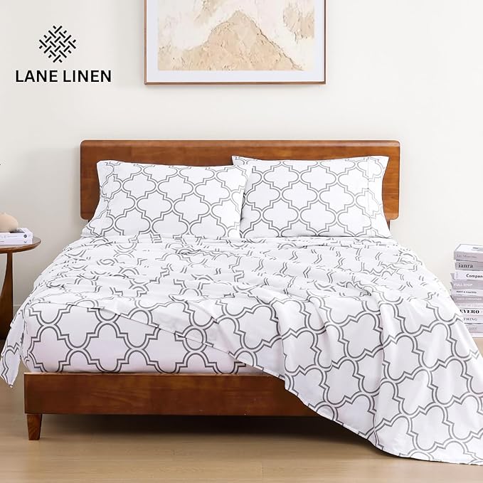 LANE LINEN 100% Organic Cotton Printed California King Sheets Set, 4-Piece Soft & Comfy Sustainably Produced Oeko-Tex Certified All Season Naturally Cooling Cal King Sheets - Trellis Silver