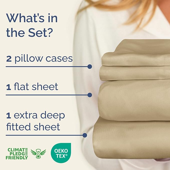 Extra Deep Pockets 400 Thread Count 100% Cotton 4 Piece Queen Size Bedding Sheet Set - Breathable & Cooling - Hotel Luxury Bed Sheets Set - Extra Soft, Wrinkle Free & Comfy Beige Bedding Sheets Set