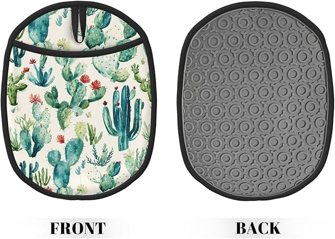 Pot Holders 2 Pack Silicone, Cotton Lining, Heat Resistant to 500°F (260°C), Non-Slip Grip, 7.5"x9.4" Oval Kitchen Hot Pads for Oven, Cooking (Cactus Flower, Potholders)