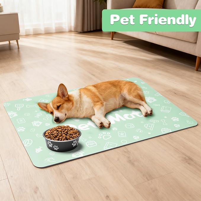 Pet Feeding Mat,Dog Cat Mat for Food and Water,Dog Bowl Waterproof Placemat with Rubber Backing,Absorbent Quick Dry Water Dispenser Mat for Pet（Green 12"×18"）