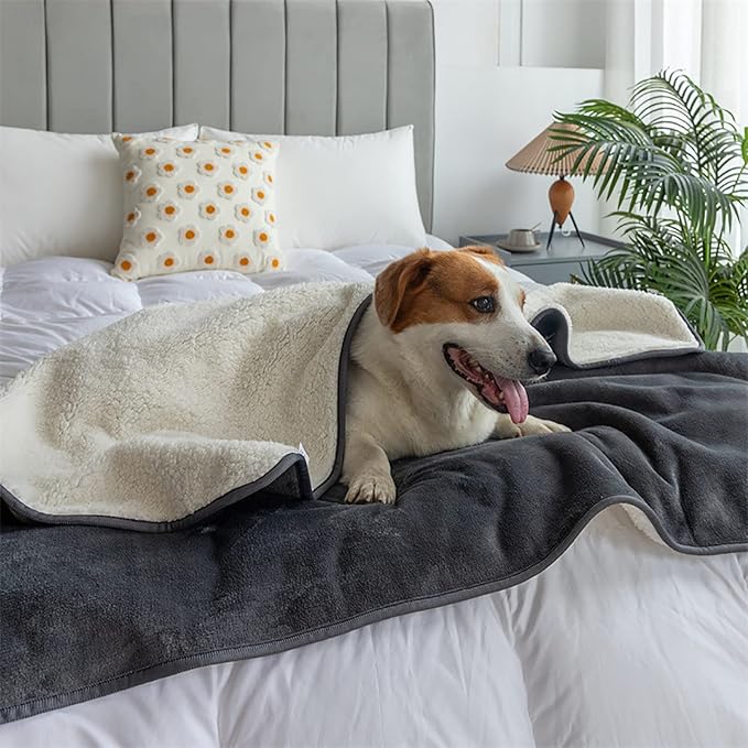PFIMIGH Waterproof Dog Blanket, 3-Layer Flannel and Sherpa Pet Throw, Reversible Protector Cover for Bed Couch Sofa, Grey, 80"x90"