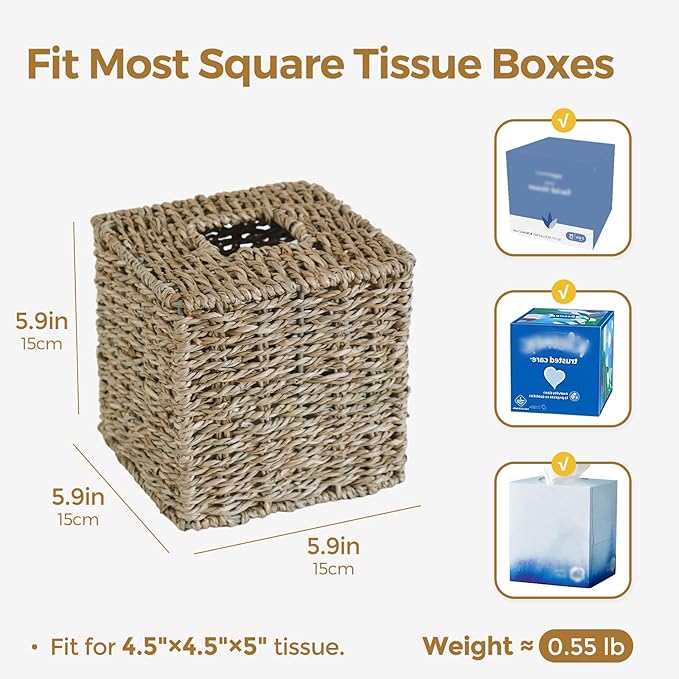 KALEKAIL Seagrass Tissue Box Cover, Wicker Tissue Box Holder Square, Boho Decorative Woven Tissue Cover Facial Cube Tissue Holders for Bathroom Living Room Kitchen, Natural
