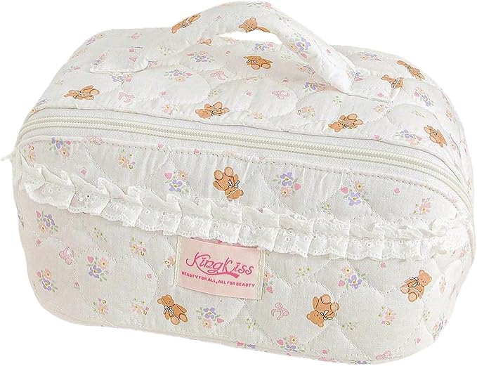 HiTotes Travel Makeup Bag Coquette Floral Cosmetic Bag Quilted Wide Open Lay Flat Toiletry Bag Cute Travel Makeup Pouch