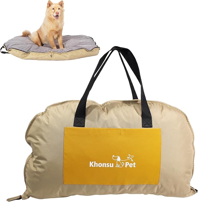 Portable Waterproof Dog Mat for Camping, Patio & Travel - Foldable Outdoor Dog Bed with Teflon Shell & Removable Plush Pad - Easy Clean, Durable - S (Khaki)