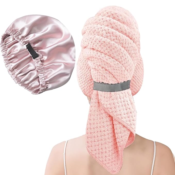 Netcken Large Microfiber Hair Towel Wrap & Satin Bonnet Set for Women, Ultra Absorbent Turban 24x42 Inches & Adjustable Night Cap for Curly Hair, Prevents Frizz & Breakage, Gifts for Women