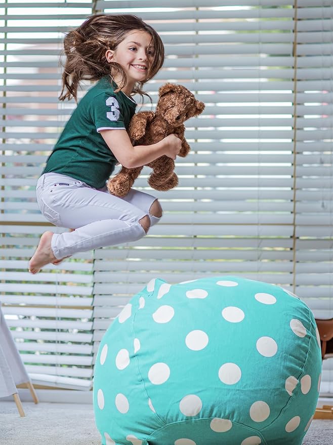 WEKAPO Stuffed Animal Storage Bean Bag Chair Cover for Kids | Stuffable Zipper Beanbag for Organizing Children Plush Toys Large Premium Cotton Canvas (AquaDot, X-Large)