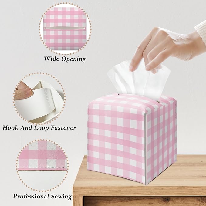 Pink and White Checkered Tissue Box Cover Square, Leather Tissue Holder with Bottom Belt, for Nightstands Desks Office Bathroom Car Vanity Home Decor Supplies -003