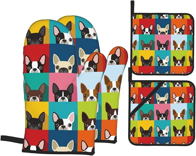 Boston Terrier Dog Oven Mitts and Pot Holders Set of 4, Oven Mittens and Potholders Heat Resistant Gloves for Kitchen Cooking Baking Grilling BBQ