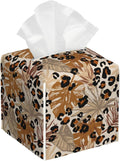 OHEGBXE Tissue Box Holder Tropical Leaves and Brown Leopard Spots Square Leather Tissue Box Cover Modern Cube Facial Paper Cover Case for Bathroom Vanity Countertop Night Stands Tabletop