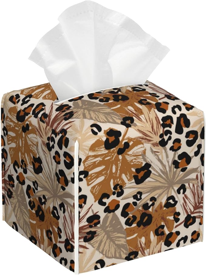 OHEGBXE Tissue Box Holder Tropical Leaves and Brown Leopard Spots Square Leather Tissue Box Cover Modern Cube Facial Paper Cover Case for Bathroom Vanity Countertop Night Stands Tabletop