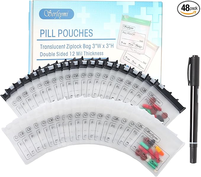 Serfeymi 48 Pcs Pill Pouch Bags for Travel Reusable Plastic Bags 3x3 Inch 12 mil (Double Sided) Translucent Zippered Pill Pouches for Medicine with Slide Lock & Writable Label, 1 Pc Marker-Black+White