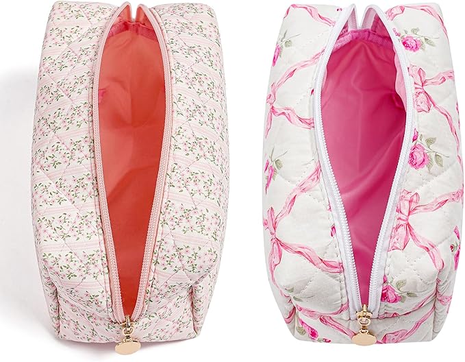 Gleyemor 2 Pieces Quilted Makeup Bag, Cute Floral Cosmetic Bag for Women, Cotton Make Up Bag Set, Flower Travel Toiletry Bag Tote Pouch Organizer (Pink Floral+ Pink Rose)