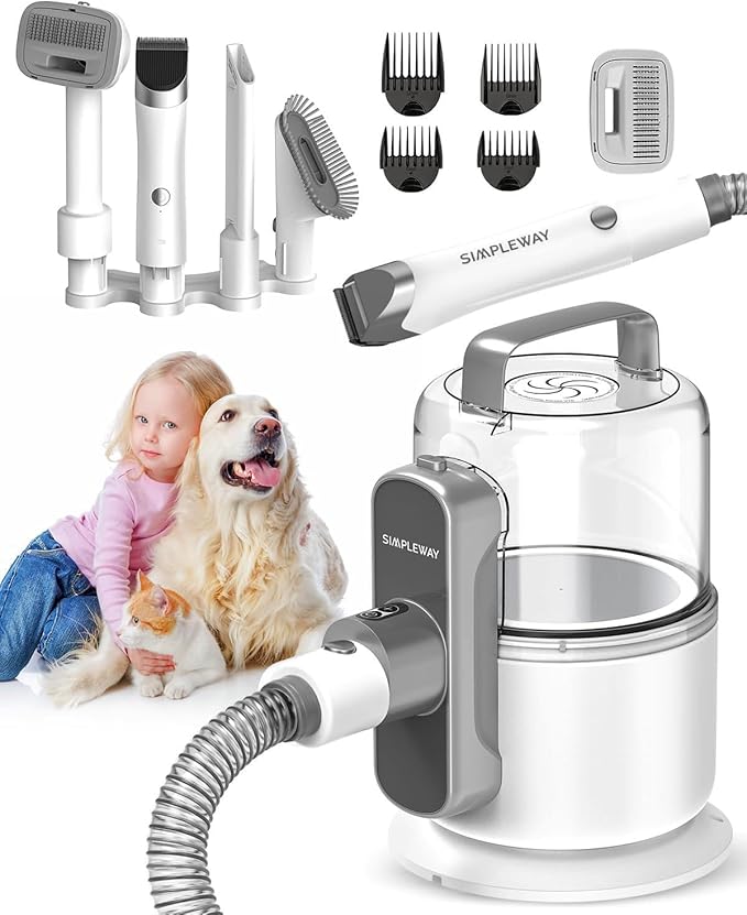 Simple Way Dog Vacuum Grooming Kit for Shedding: Professional Hair Clippers Pet Groomer - Strong Suction Cleaner Deshedding Tool Fur Brush Attachment Trimmer for Home Cat (Milky)