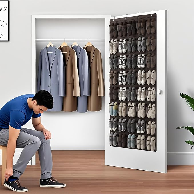 Hualleko 40-Pocket Over the Door Shoe Organizer - Large Mesh Pocket Hanging Shoe Organizer,Behind the Door Shoes Storage Holder Hanger (Coffee color)