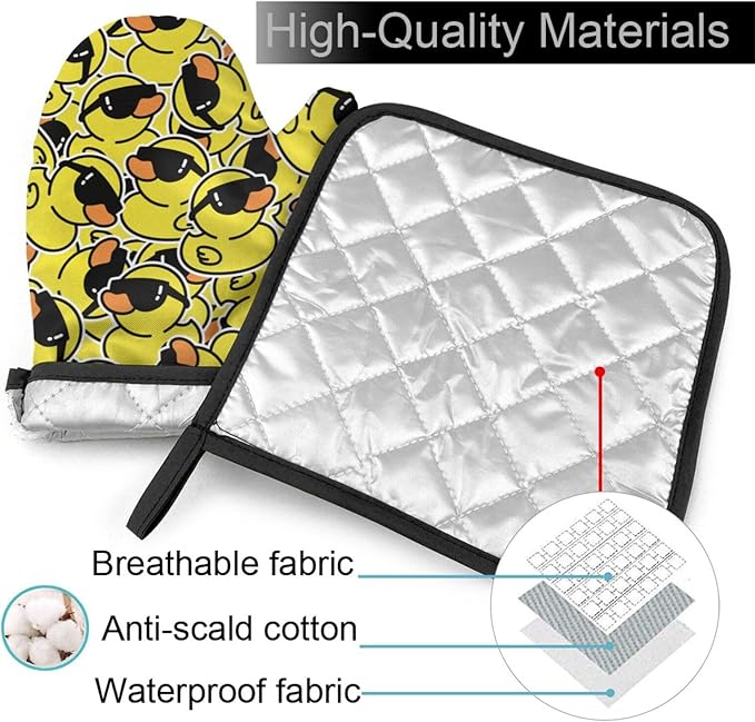 Funny Rubber Duck with Sunglasses Oven Mitts and Pot Holders Insulated Gloves & Kitchen Counter Safe Mats for Cooking BBQ Baking Grilling (2-Piece Set)