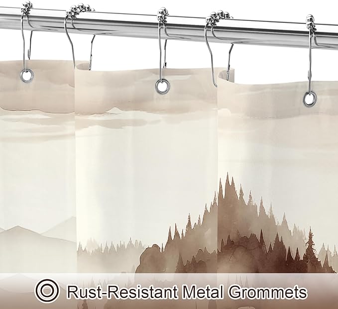 Litabel Brown Misty Pine Forest Shower Curtain, Tan Mountain Foggy Woodland Scenery Tree Shower Curtains for Chic Rustic Bathroom, Abstract Modern Waterproof Nature-Themed Decor, 72x72 Inches