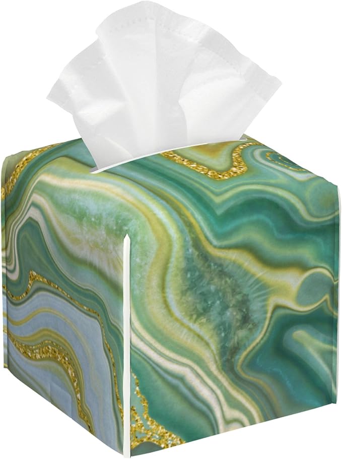 POIUBLE Leather Tissue Box Holder Green and Gold Abstract Marble Tissue Box Cover Square Waterproof Tissue Holder Organizer Modern Napkin Holder for Bedroom Dresser Night Stand Office Desk