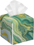POIUBLE Leather Tissue Box Holder Green and Gold Abstract Marble Tissue Box Cover Square Waterproof Tissue Holder Organizer Modern Napkin Holder for Bedroom Dresser Night Stand Office Desk