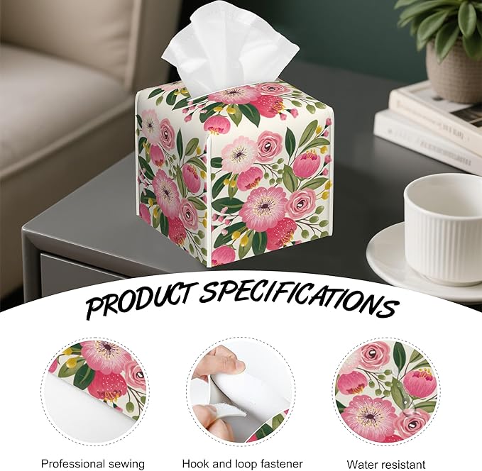 Spring Flowers Bouquet Tissue Box Cover Square,Tissue Box Holder with Belt Bottom,Stylish Leather Napkin Holder for Vanity Countertop,Nightstands,Office Desk,5.2"×5.2"×5.2"
