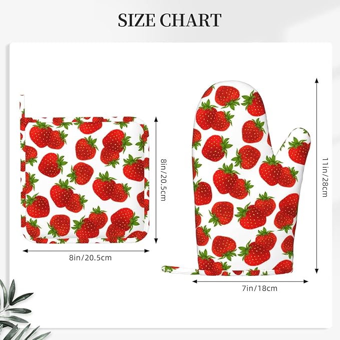 Cute Strawberry Oven Mitts and Pot Holders Sets Silicone Strawberries Kitchen Mitts Strawberry Potholders Heat Resistant 4Pcs Oven Gloves Hot Pads for Kitchen Baking Cooking BBQ Grilling