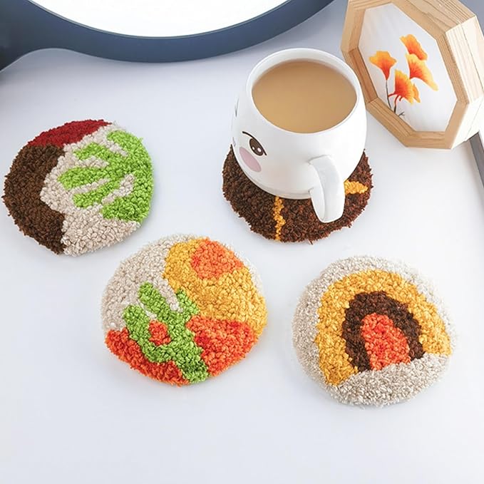 Allazone Punch Needle Kits, Punch Needle Coasters Kit, Punch Embroidery Kit with Felt Yarns Hoop Tools for DIY Coaster Crafts (Plants)
