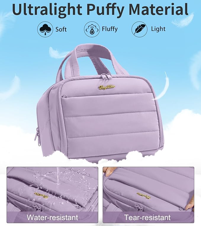 Bagstellar Travel Toiletry Bag, Lightweight Wide-open Large Puffy Toiletry Bag for Women, Quilted Makeup Bag Organizer Water-resistant Cosmetic Bag with Handle for Toiletries, Essentials, Accessories