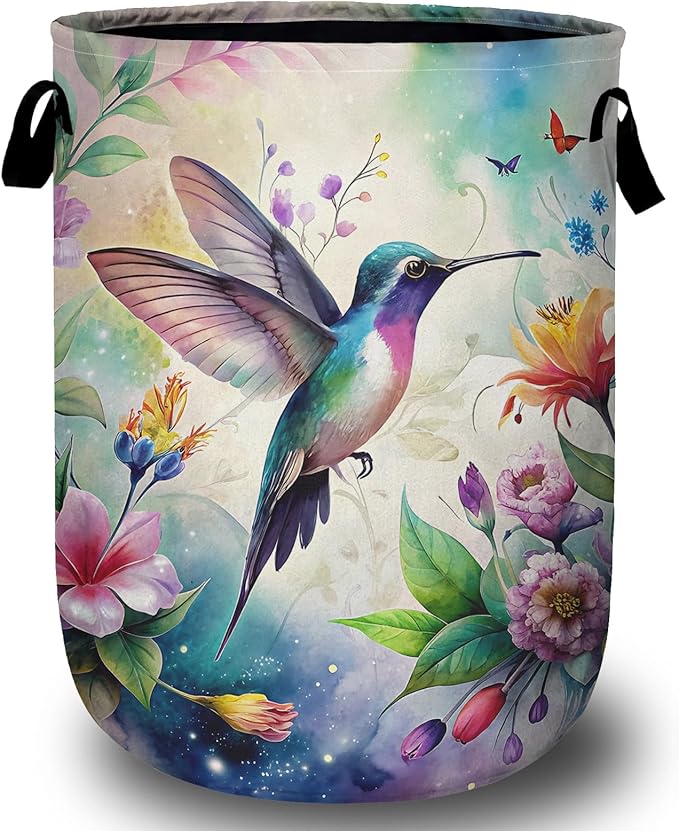 Flower Bird Laundry Basket with Sturdy Handles, Colorful Floral Collapsible Oxford Cloth Laundry Hamper Organizer Basket for Bathroom Bedroom 15.7x20 Inch