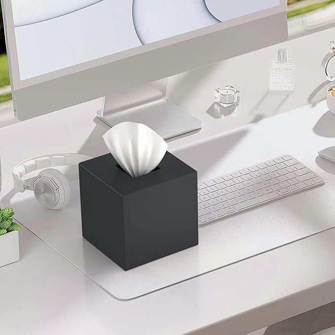 SILUT Tissue Box Cover Square, Acrylic Tissue Holder with Magnet Locking Bottom, Tissue Holder for Bathroom Vanity Bedroom Office, Matte Black