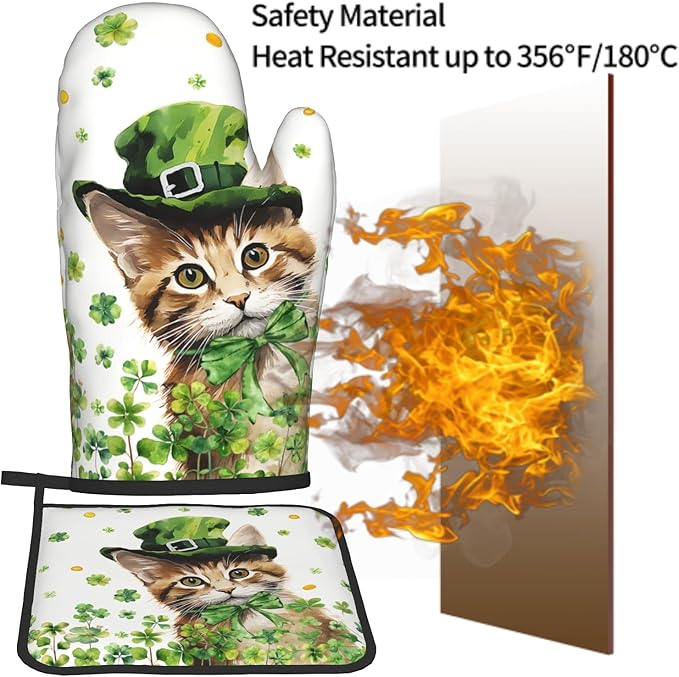 Shamrock Green Leaf Oven Gloves and Pot Holders 2PCS Sets Cute Cat Kitchen Baking Accessories Spring Clovers Heat Resistant Oven Mitts Hot Pads for Cooking BBQ Decorative Kitchen Gift