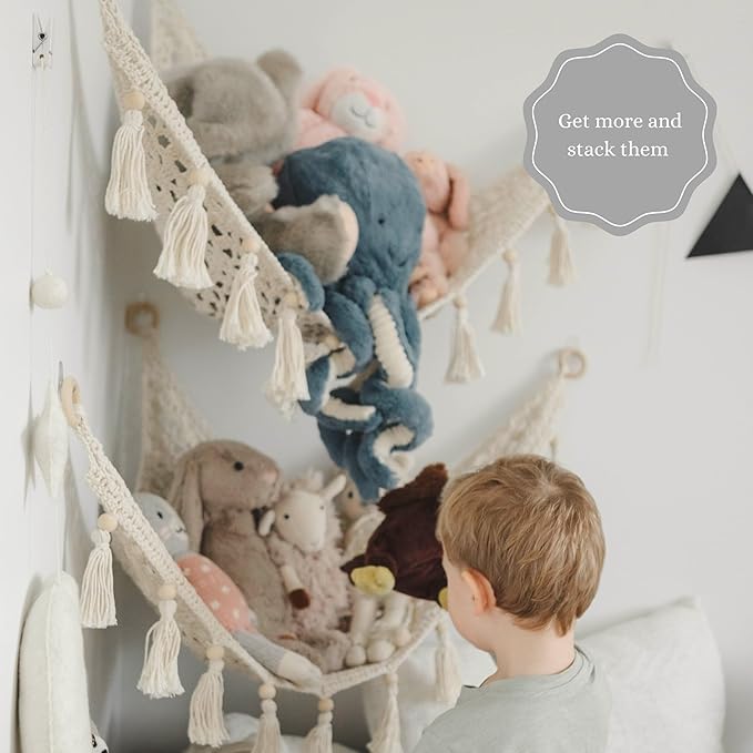 Sasa Baby and Toddler Macrame Toy Hammock for Stuffed Animals - Plush Toy Hammock, Grey Nursery Decor, Hanging Stuffed Animal Organizer, Pebble Grey