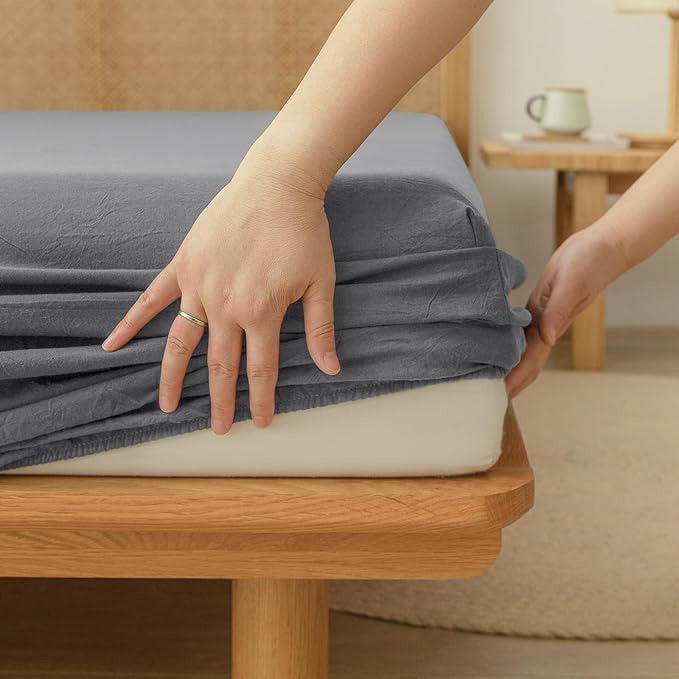 BESTOUCH Sheet Set 100% Washed Cotton Linen Feel Super Soft Comfortable Chic Lightweight 3 Pcs Home Bedding Set Solid Quiet Shade Grey Twin