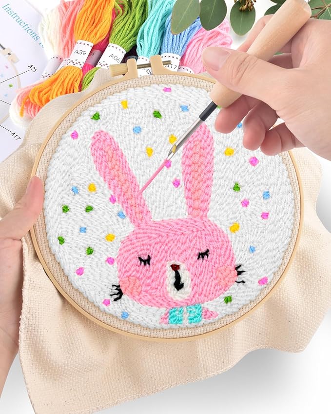 ERKOON Punch Needle Kit Adults Beginners, DIY Easy Animals Embroidery Set for Starter Art Craft, Needling Punch Project with Patterns, Tools, Yarns, Hoop, Instruction (Rabbit)