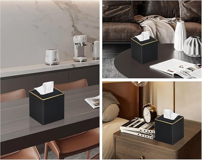GOLRANLYE Tissue Box Cover Square PU Leather Facial Tissue Box Holder for Dresser Bathroom Decor (Black Pearl)