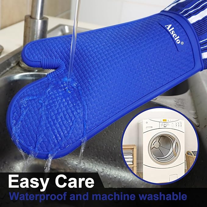 Oven Mitts Heat Resistant Silicone Kitchen Gloves for 550 Degrees with Waterproof and Non-Silp, Oven Gloves for Baking Cooking Barbecue Microwave Machine Washable (Extra Long Navy, 2)