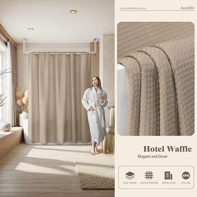 Awellife Waffle Hotel Textured Beige Shower Curtains for Bathroom 230 GSM Heavy Duty Fabric Liner, 72" W X 72" L Inch