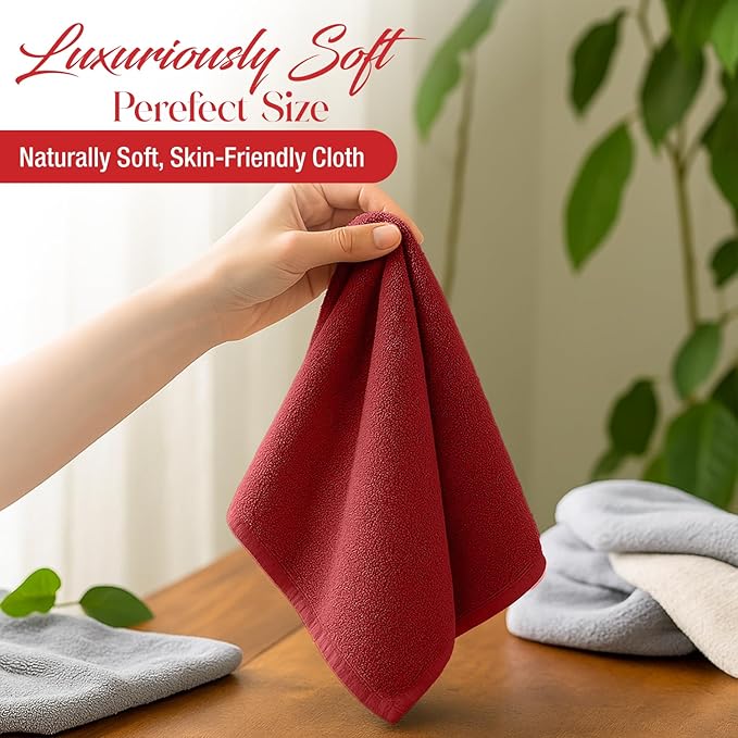 RIVERSIDE 12 Pack Washcloths - 12x12 Inches, 500 GSM, 100% Ring-Spun Cotton - Soft, Absorbent & Durable Face and Body Towels - for Bathroom, Spa, Gym, Makeup Removal & Everyday Use - Red