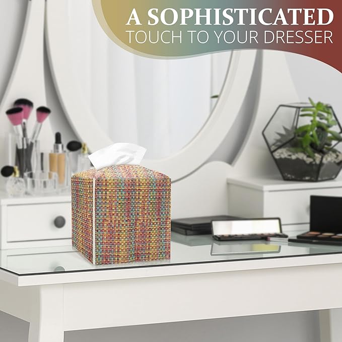 Tissue Box Cover, PU Leather Tissue Box Holder with Bottom Belt, Modern Square Tissue Box Covers with Wide Opening (Dark Mix Color, Woven Patterns)