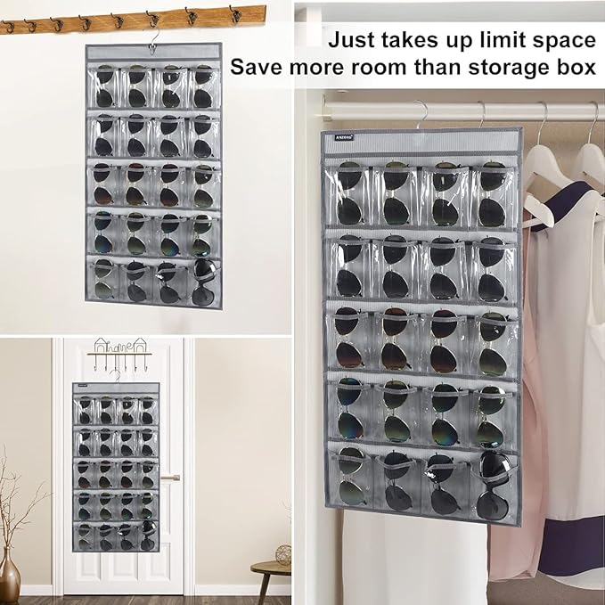 ANZORG Dual Sided Hanging Sunglasses Organizer Storage Wall Mounted Eyeglasses Holder Eyewear Display Case with 40 Clear Slots (40 Pockets-Grey)