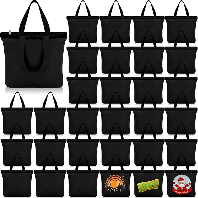 Silkfly 30 Pcs Canvas Tote Bags Bulk 16.5x13.4'' Blank Cotton Canvas Bag with Zipper Handles Reusable Plain Grocery Makeup Handbag for DIY(Black)