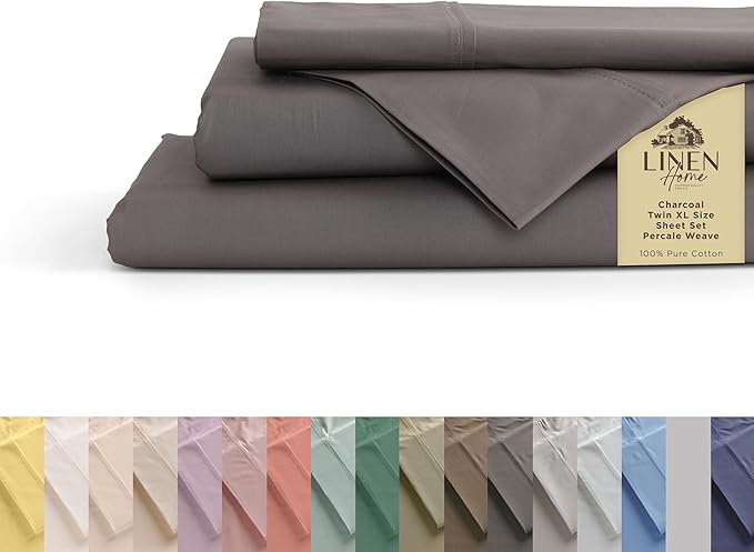 Linen Home 100% Cotton Percale Sheets California King Size, Charcoal, Deep Pocket, 4 Pieces Set - 1 Flat, 1 Deep Pocket Fitted Sheet and 2 Pillowcases, Crisp Cool and Strong Bed Linen