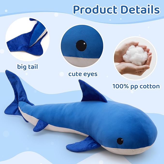 Tezituor 4ft Giant Whale Stuffed Animal, S-Shape Long Stuffed Whale Plush Body Pillow for Boys Girls Sleeping, 47inches Ocean Theme Whale Toy Gift for Christmas Birthday Decoration
