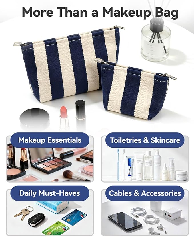 2 Pcs Makeup Bag Set, Women Gifts, Travel Cosmetic Bags, Canvas Make up Bag for Purse, Blue Striped Makeup Pouch with Zipper Lining, Cosmetic Storage Car Organizer, Portable Large & Small Toiletry