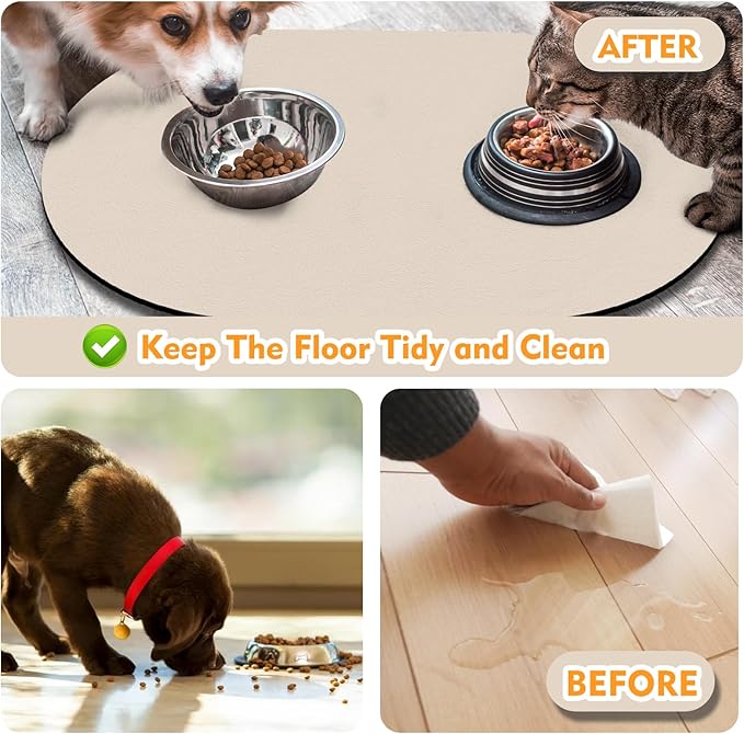 METEOROCK Pet Feeding Mat – 20''x12'' Absorbent Dog Food Mat, Pet Water Mats Protect Floor, No Stains Quick Dry Water Bowl Mats, Non-Slip Rubber Base Pets Placemats for Food, Beige