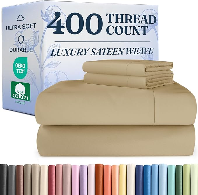 400 Thread Count Cotton Sheet Set - Full Size 100% Cotton Sheets - Easily Fits 8" to 16" Mattress - Silky-Soft, Wrinkle Free, Breathable and Comfy - Deep Pockets & Hotel Quality Bedding Set - Beige